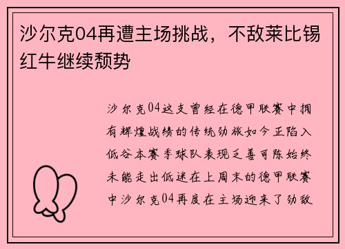 沙尔克04再遭主场挑战，不敌莱比锡红牛继续颓势