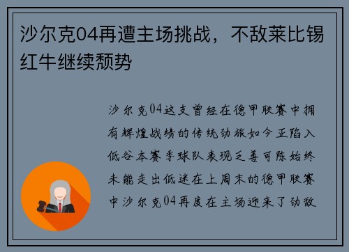 沙尔克04再遭主场挑战，不敌莱比锡红牛继续颓势